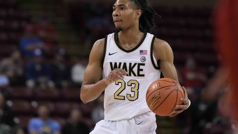 Nov 16, 2023; Charleston, South Carolina, USA; Wake Forest Demon Deacons guard Hunter Sallis (23) brings the ball up court in the first half against the Utah Utes at TD Arena. Mandatory Credit: David Yeazell-USA TODAY Sports