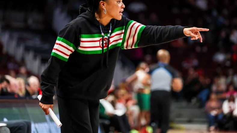 Nov 24, 2023; Columbia, South Carolina, USA; South Carolina Gamecocks head coach Dawn Staley directs her team against the Mississippi Valley State Devilettes in the second half at Colonial Life Arena. Mandatory Credit: Jeff Blake-USA TODAY Sports