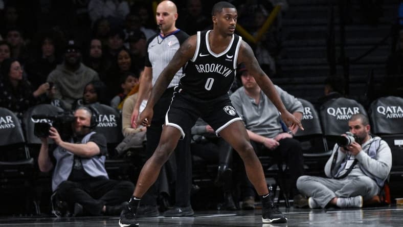 Nov 25, 2023; Brooklyn, New York, USA; Brooklyn Nets forward Dariq Whitehead (0) during his NBA debut in the fourth quarter against the Miami Heat at Barclays Center. Mandatory Credit: John Jones-USA TODAY Sports