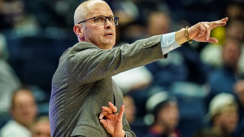 Nov 27, 2023; Storrs, Connecticut, USA; UConn Huskies head coach Dan Hurley watches from the sideline as they take on the New Hampshire Wildcats at Harry A. Gampel Pavilion. Mandatory Credit: David Butler II-USA TODAY Sports