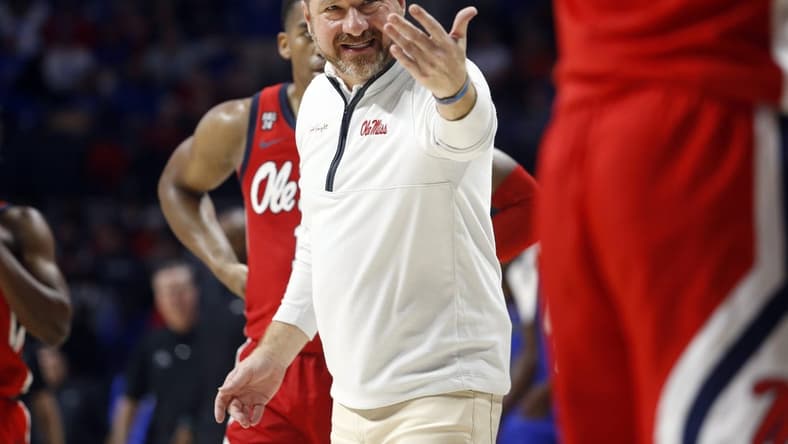 Dec 2, 2023; Oxford, Mississippi, USA; Mississippi Rebels head coach Chris Beard reacts during the second half against the Memphis Tigers at The Sandy and John Black Pavilion at Ole Miss. Mandatory Credit: Petre Thomas-USA TODAY Sports