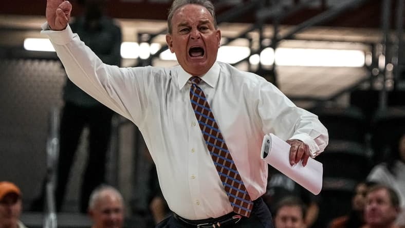 Texas Longhorns head coach Vic Schaefer yells instructions from the sideline during the women   s basketball game against the University of Connecticut at the Moody Center on Sunday, Dec. 3, 2023 in Austin.