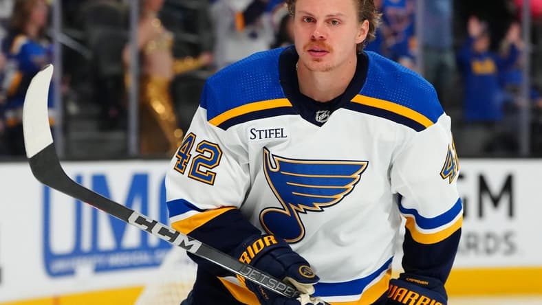 Dec 4, 2023; Las Vegas, Nevada, USA; St. Louis Blues right wing Kasperi Kapanen (42) warms up before a game against the Vegas Golden Knights at T-Mobile Arena. Mandatory Credit: Stephen R. Sylvanie-USA TODAY Sports