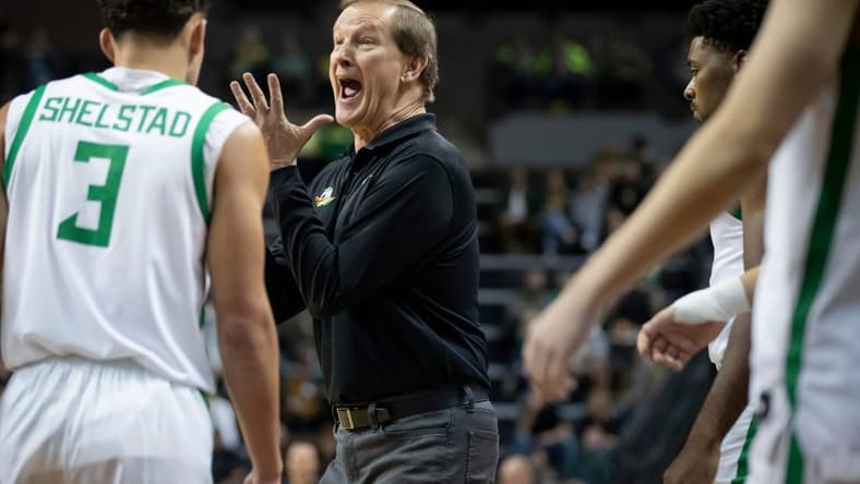 Oregon head coach Dana Altman addresses his team during the first half as the Oregon Ducks host UTEP Saturday, Dec. 9, 2023, at Matthew Knight Arena in Eugene, Ore.