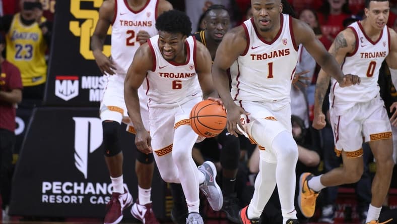 Dec 10, 2023; Los Angeles, California, USA; USC Trojans guard Bronny James (6) pushes the ball up court during the 2nd half against the Long Beach State 49ers at Galen Center. USC Trojans forward Joshua Morgan (24), guard Isaiah Collier (1) and USC Trojans guard Kobe Johnson (0) are also in the play. Mandatory Credit: Robert Hanashiro-USA TODAY Sports