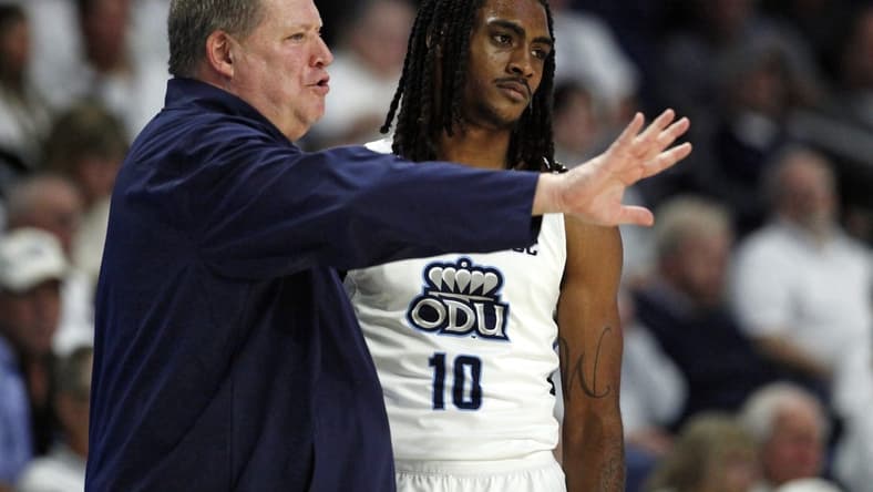 Dec 9, 2023; Norfolk, Virginia, USA; Old Dominion Monarchs head coach Jeff Jones talks to Old Dominion Monarchs guard Tyrone Williams (10) at Chartway Arena at the Ted Constant Convocation Center. Mandatory Credit: Peter Casey-USA TODAY Sports