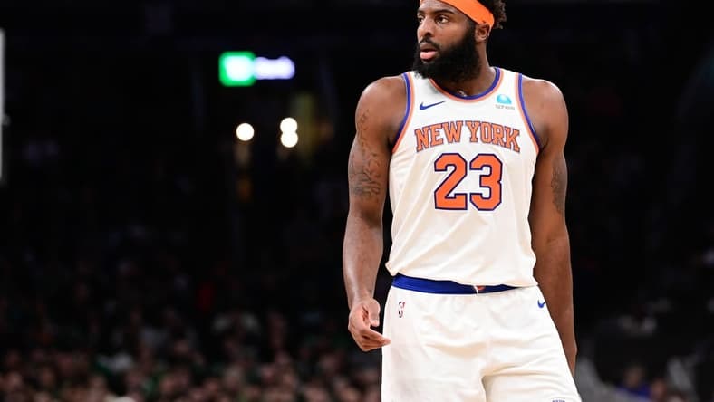 Dec 8, 2023; Boston, Massachusetts, USA; New York Knicks center Mitchell Robinson (23) looks on during the first half against the Boston Celtics at TD Garden. Mandatory Credit: Eric Canha-USA TODAY Sports