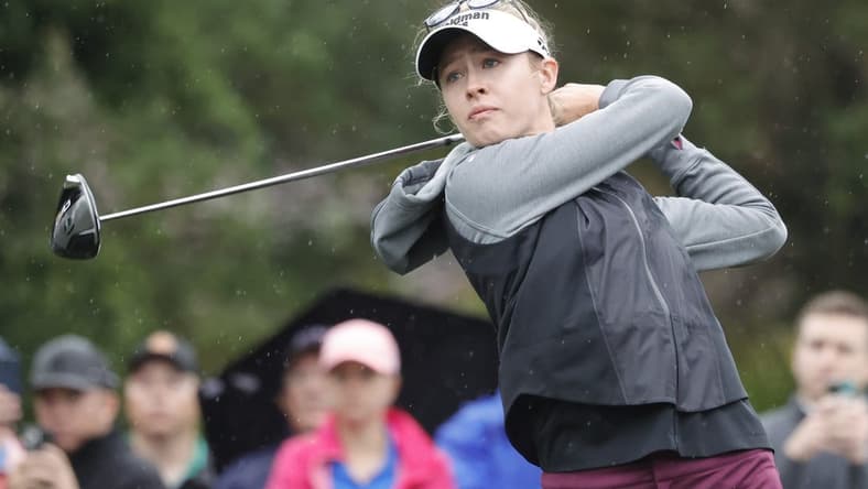 Dec 16, 2023; Orlando, Florida, USA; Nelly Korda plays her shot from the sixth tee during the PNC Championship at The Ritz-Carlton Golf Club. Mandatory Credit: Reinhold Matay-USA TODAY Sports