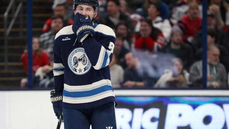 Dec 16, 2023; Columbus, Ohio, USA; Columbus Blue Jackets defenseman Zach Werenski (8) reacts to a missed shot during the first period against the New Jersey Devils at Nationwide Arena. Mandatory Credit: Joseph Maiorana-USA TODAY Sports