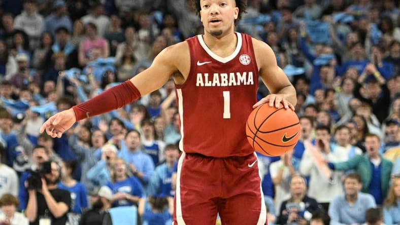 Dec 16, 2023; Omaha, Nebraska, USA; Alabama Crimson Tide guard Mark Sears (1) dribbles against the Creighton Bluejays in the first half at CHI Health Center Omaha. Mandatory Credit: Steven Branscombe-USA TODAY Sports