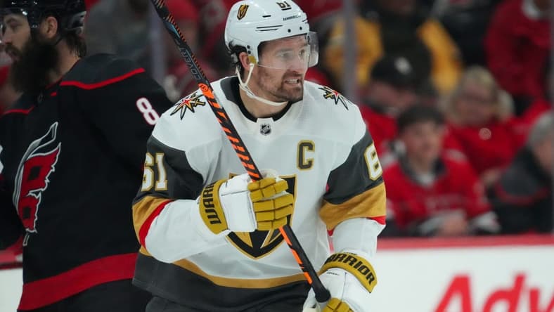 Dec 19, 2023; Raleigh, North Carolina, USA; Vegas Golden Knights right wing Mark Stone (61) skates against the Carolina Hurricanes during the third period at PNC Arena. Mandatory Credit: James Guillory-USA TODAY Sports