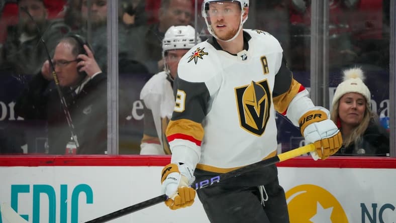 Dec 19, 2023; Raleigh, North Carolina, USA; Vegas Golden Knights center Jack Eichel (9) watches the play against the Carolina Hurricanes during the third period at PNC Arena. Mandatory Credit: James Guillory-USA TODAY Sports