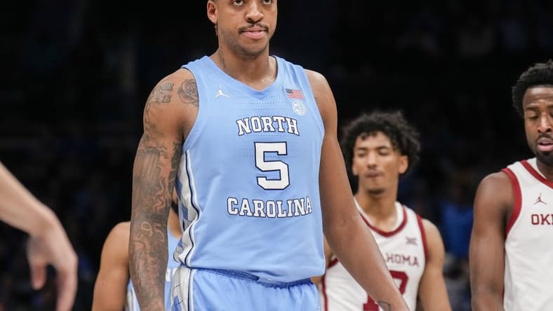 Dec 20, 2023; Charlotte, North Carolina, USA; North Carolina Tar Heels forward Armando Bacot (5) at the free throw line during the second half against the Oklahoma Sooners at Spectrum Center. Mandatory Credit: Jim Dedmon-USA TODAY Sports