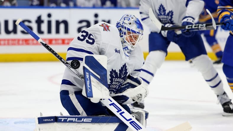 Dec 21, 2023; Buffalo, New York, USA; Toronto Maple Leafs goaltender Ilya Samsonov (35) makes a save during the second period against the Buffalo Sabres at KeyBank Center. Mandatory Credit: Timothy T. Ludwig-USA TODAY Sports