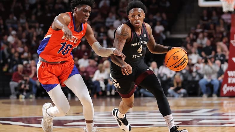 Dec 22, 2023; College Station, Texas, USA; Texas A&M Aggies guard Wade Taylor IV (4) handles the ball against Houston Christian Huskies guard Marcus Greene (10) during the first half at Reed Arena. Mandatory Credit: Erik Williams-USA TODAY Sports