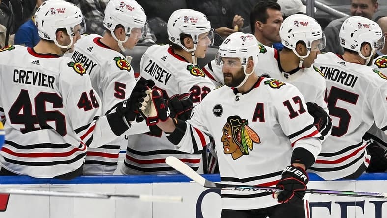 Dec 23, 2023; St. Louis, Missouri, USA;  Chicago Blackhawks left wing Nick Foligno (17) is  congratulated by teammates after scoring against the St. Louis Blues during the second period at Enterprise Center. Mandatory Credit: Jeff Curry-USA TODAY Sports