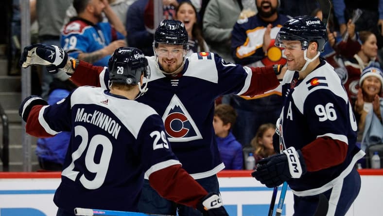 Dec 23, 2023; Denver, Colorado, USA; Colorado Avalanche right wing Valeri Nichushkin (13) celebrates his goal with center Nathan MacKinnon (29) and right wing Mikko Rantanen (96) in the second period against the Arizona Coyotes at Ball Arena. Mandatory Credit: Isaiah J. Downing-USA TODAY Sports