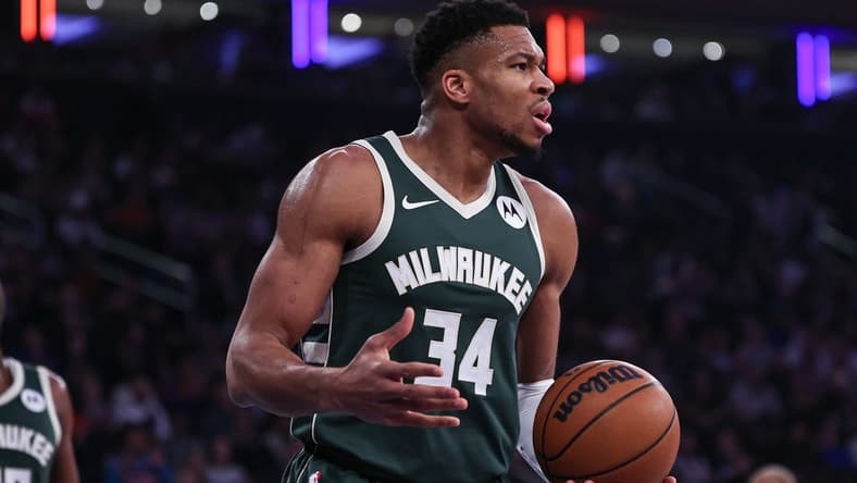 Dec 25, 2023; New York, New York, USA; Milwaukee Bucks forward Giannis Antetokounmpo (34) reacts after being called for a foul during the first quarter against the New York Knicks at Madison Square Garden. Mandatory Credit: Vincent Carchietta-USA TODAY Sports