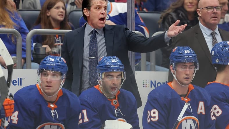 Dec 27, 2023; Elmont, New York, USA; New York Islanders head coach Lane Lambert reacts as he coaches against the Pittsburgh Penguins during the first period at UBS Arena. Mandatory Credit: Brad Penner-USA TODAY Sports