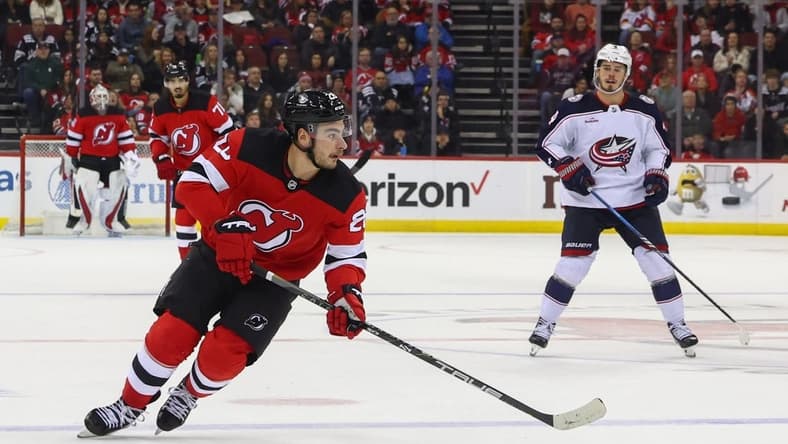 Dec 27, 2023; Newark, New Jersey, USA; New Jersey Devils right wing Timo Meier (28) skates with the puck against the Columbus Blue Jackets during the second period at Prudential Center. Mandatory Credit: Ed Mulholland-USA TODAY Sports