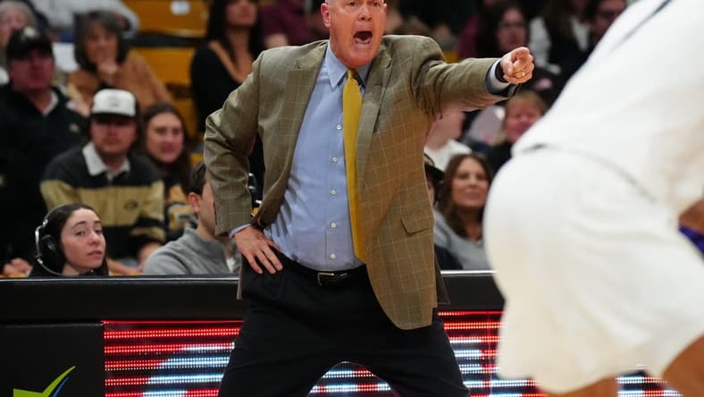 Dec 29, 2023; Boulder, Colorado, USA; Colorado Buffaloes head coach Tad Boyle calls out in the first half against the Washington Huskies at the CU Events Center. Mandatory Credit: Ron Chenoy-USA TODAY Sports