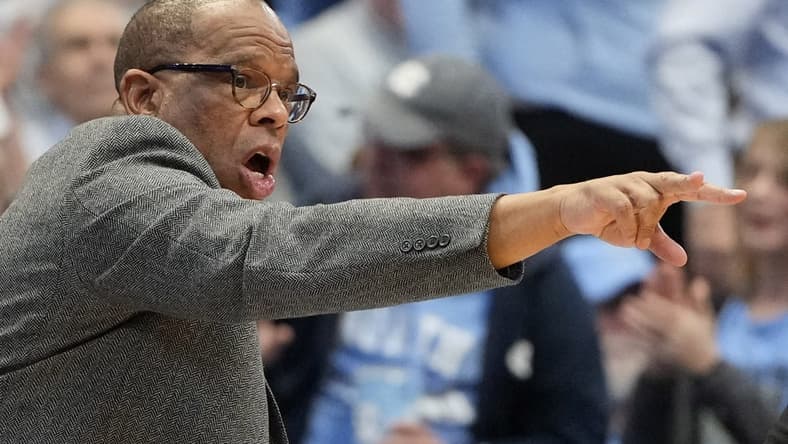 Dec 29, 2023; Chapel Hill, North Carolina, USA; North Carolina Tar Heels head coach Hubert Davis in the second half at Dean E. Smith Center. Mandatory Credit: Bob Donnan-USA TODAY Sports