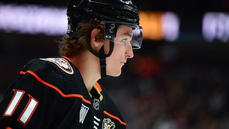 Dec 29, 2023; Anaheim, California, USA; Anaheim Ducks center Trevor Zegras (11) during a stoppage in play in the second period at Honda Center. Mandatory Credit: Gary A. Vasquez-USA TODAY Sports