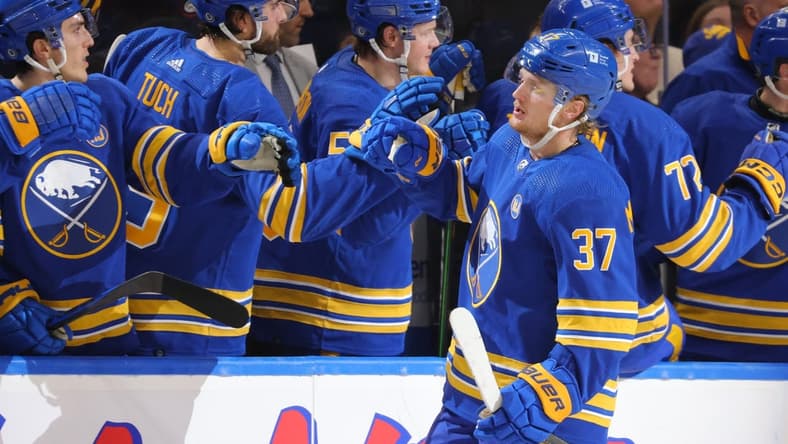Dec 30, 2023; Buffalo, New York, USA; Buffalo Sabres center Casey Mittelstadt (37) celebrates his goal with teammates during the third period against the Columbus Blue Jackets at KeyBank Center. Mandatory Credit: Timothy T. Ludwig-USA TODAY Sports