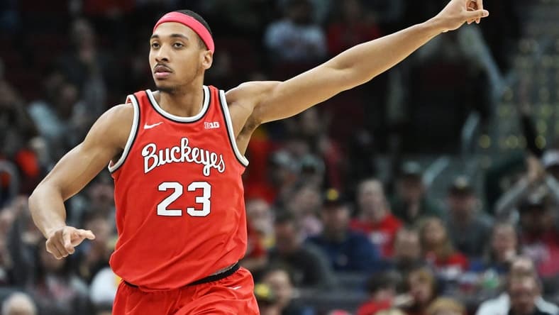 Dec 30, 2023; Cleveland, Ohio, USA; Ohio State Buckeyes forward Zed Key (23) celebrates after a basket during the second half against the West Virginia Mountaineers at Rocket Mortgage FieldHouse. Mandatory Credit: Ken Blaze-USA TODAY Sports