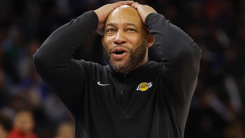 Dec 30, 2023; Minneapolis, Minnesota, USA; Los Angeles Lakers head coach Darvin Ham reacts to call by a referee for the Minnesota Timberwolves in the third quarter at Target Center. Mandatory Credit: Bruce Kluckhohn-USA TODAY Sports