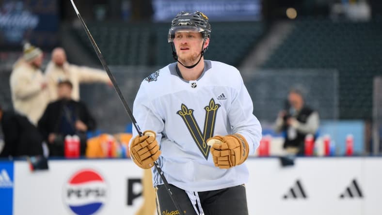 Dec 31, 2023; Seattle, Washington, USA; Vegas Golden Knights center Jack Eichel (9) during the practice session before the 2024 Winter Classic ice hockey game at T-Mobile Park. Mandatory Credit: Steven Bisig-USA TODAY Sports