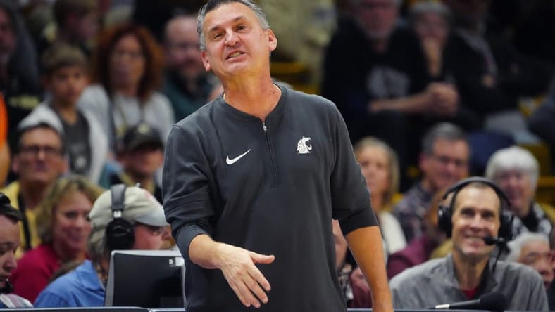 Dec 31, 2023; Boulder, Colorado, USA; Washington State Cougars head coach Kyle Smith during the second half against the Colorado Buffaloes at the CU Events Center. Mandatory Credit: Ron Chenoy-USA TODAY Sports
