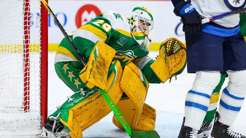 Dec 31, 2023; Saint Paul, Minnesota, USA; Minnesota Wild goaltender Marc-Andre Fleury (29) defends his net against the Winnipeg Jets during the third period at Xcel Energy Center. Mandatory Credit: Matt Krohn-USA TODAY Sports