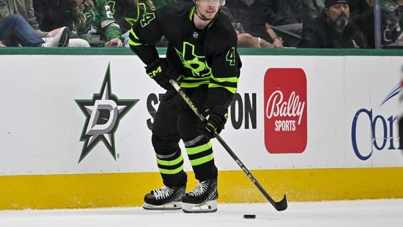 Dec 31, 2023; Dallas, Texas, USA; Dallas Stars defenseman Miro Heiskanen (4) skates against the Chicago Blackhawks during the second period at the American Airlines Center. Mandatory Credit: Jerome Miron-USA TODAY Sports