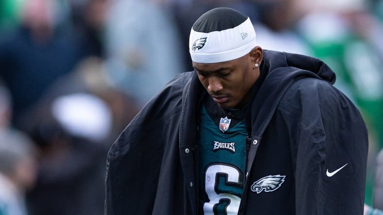 Dec 31, 2023; Philadelphia, Pennsylvania, USA; Philadelphia Eagles wide receiver DeVonta Smith (6) limps off the field after being injured during the fourth quarter against the Arizona Cardinals at Lincoln Financial Field. Mandatory Credit: Bill Streicher-USA TODAY Sports