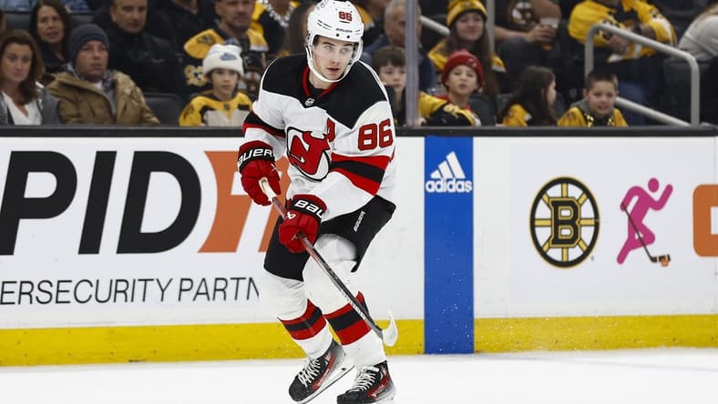 Dec 30, 2023; Boston, Massachusetts, USA; New Jersey Devils center Jack Hughes (86) during the first period against the Boston Bruins at TD Garden. Mandatory Credit: Winslow Townson-USA TODAY Sports
