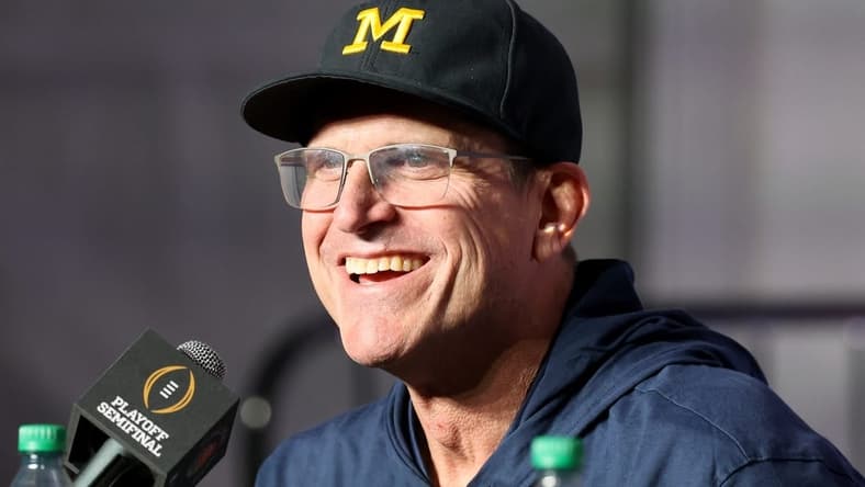 Jan 1, 2024; Pasadena, CA, USA; Michigan Wolverines head coach Jim Harbaugh speaks in a press conference after defeating the Alabama Crimson Tide in the 2024 Rose Bowl college football playoff semifinal game at Rose Bowl. Mandatory Credit: Kiyoshi Mio-USA TODAY Sports