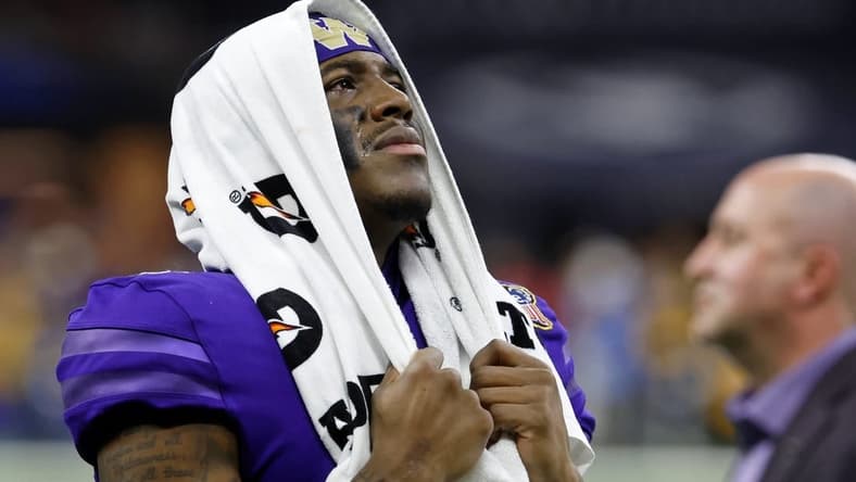 Jan 1, 2024; New Orleans, LA, USA; Washington Huskies wide receiver Germie Bernard (4) watches a video review during the fourth quarter of the 2024 Sugar Bowl college football playoff semifinal game at Caesars Superdome. Mandatory Credit: Geoff Burke-USA TODAY Sports