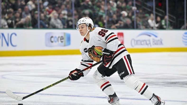 Dec 31, 2023; Dallas, Texas, USA; Chicago Blackhawks center Connor Bedard (98) in action during the game between the Dallas Stars and the Chicago Blackhawks at the American Airlines Center. Mandatory Credit: Jerome Miron-USA TODAY Sports