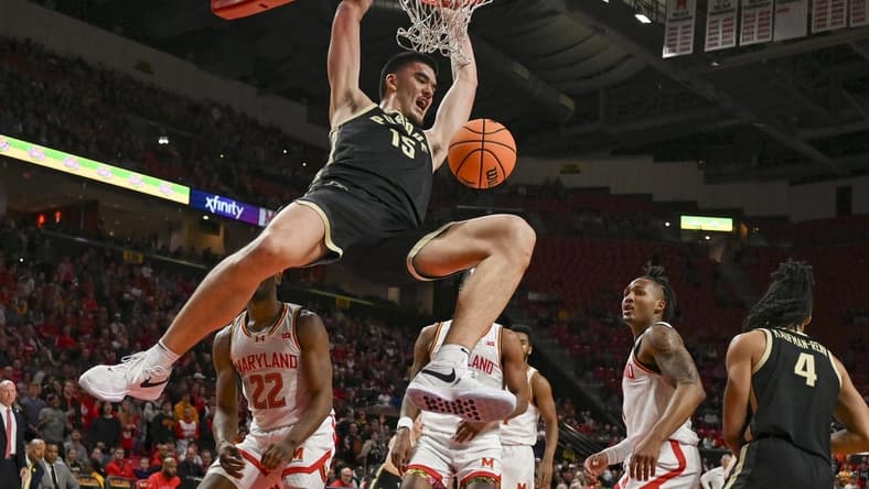 Jan 2, 2024; College Park, Maryland, USA; Purdue Boilermakers center Zach Edey (15) dunks during the first half against the Maryland Terrapins at Xfinity Center. Mandatory Credit: Tommy Gilligan-USA TODAY Sports