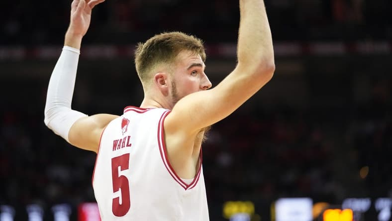 Jan 2, 2024; Madison, Wisconsin, USA; Wisconsin Badgers forward Tyler Wahl (5) motions to the crowd during the first half against the Iowa Hawkeyes at the Kohl Center. Mandatory Credit: Kayla Wolf-USA TODAY Sports