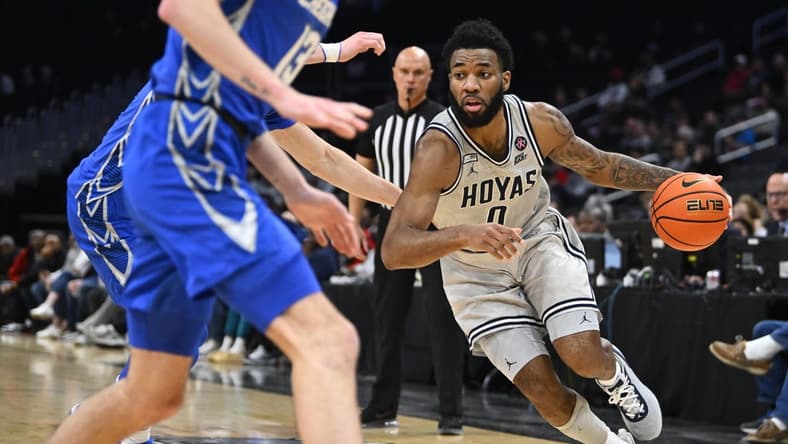 Jan 2, 2024; Washington, District of Columbia, USA; Georgetown Hoyas guard Dontrez Styles (0) dribbles against the Creighton Bluejays during the second half at Capital One Arena. Mandatory Credit: Brad Mills-USA TODAY Sports