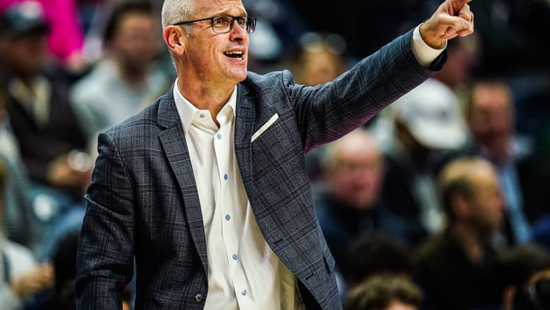 Jan 2, 2024; Storrs, Connecticut, USA; Connecticut Huskies head coach Dan Hurley watches from the sideline as they take on the DePaul Blue Demons at Harry A. Gampel Pavilion. Mandatory Credit: David Butler II-USA TODAY Sports