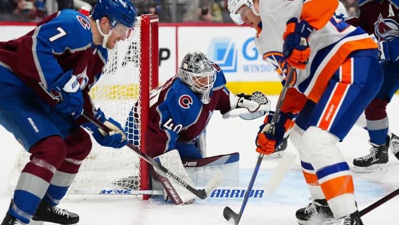 Jan 2, 2024; Denver, Colorado, USA; Colorado Avalanche goaltender Alexandar Georgiev (40) defends the net in the first period against the New York Islanders at Ball Arena. Mandatory Credit: Ron Chenoy-USA TODAY Sports