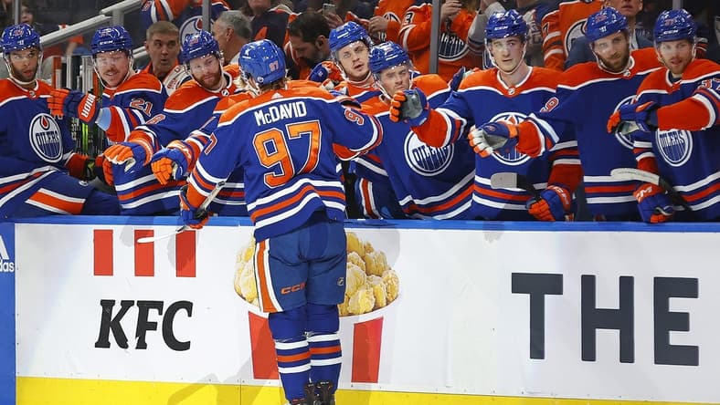 Jan 2, 2024; Edmonton, Alberta, CAN; The Edmonton Oilers celebrate a goal scored by forward Connor McDavid (97) against the Philadelphia Flyers during the first period at Rogers Place. Mandatory Credit: Perry Nelson-USA TODAY Sports