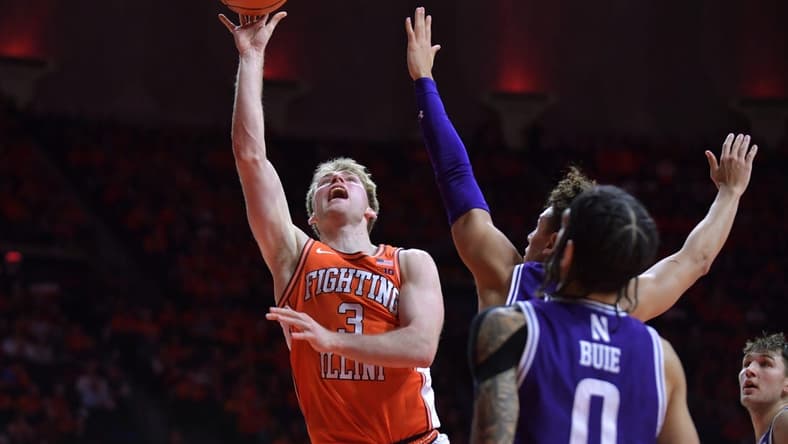 Jan 2, 2024; Champaign, Illinois, USA;  Illinois Fighting Illini guard Marcus Domask (3) shoots the ball during the first half against the Northwestern Wildcats at State Farm Center. Mandatory Credit: Ron Johnson-USA TODAY Sports
