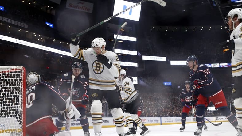 Jan 2, 2024; Columbus, Ohio, USA; Boston Bruins left wing James van Riemsdyk (21) celebrates his goal against the Columbus Blue Jackets during the second period at Nationwide Arena. Mandatory Credit: Russell LaBounty-USA TODAY Sports