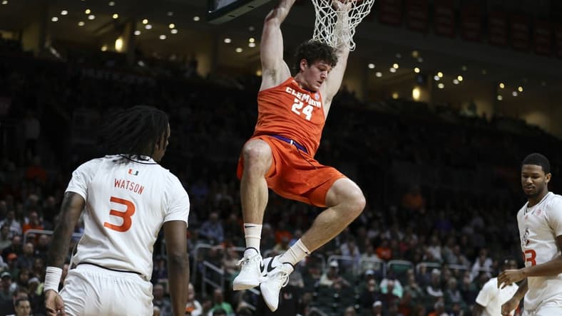 Jan 3, 2024; Coral Gables, Florida, USA; Clemson Tigers center PJ Hall (24) dunks the basketball against the Miami Hurricanes during the first half at Watsco Center. Mandatory Credit: Sam Navarro-USA TODAY Sports