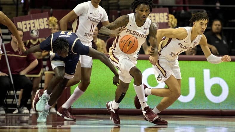 Jan 3, 2024; Tallahassee, Florida, USA; Florida State Seminoles forward Jamir Watkins (2) moves the ball up the court after a defensive stand against the Georgia Tech Yellow Jackets at Donald L. Tucker Center. Mandatory Credit: Melina Myers-USA TODAY Sports