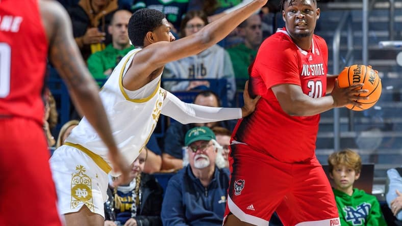 Jan 3, 2024; South Bend, Indiana, USA; North Carolina State Wolfpack forward DJ Burns, Jr. (30) looks to pass as Notre Dame Fighting Irish forward Kebba Njie (14) defends in the first half at the Purcell Pavilion. Mandatory Credit: Matt Cashore-USA TODAY Sports
